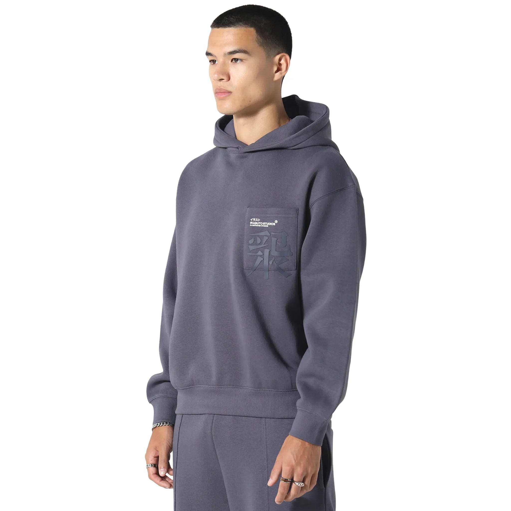 Front Side View of Irasuto Studios Typo Sea Blue Hoodie 5060615209675